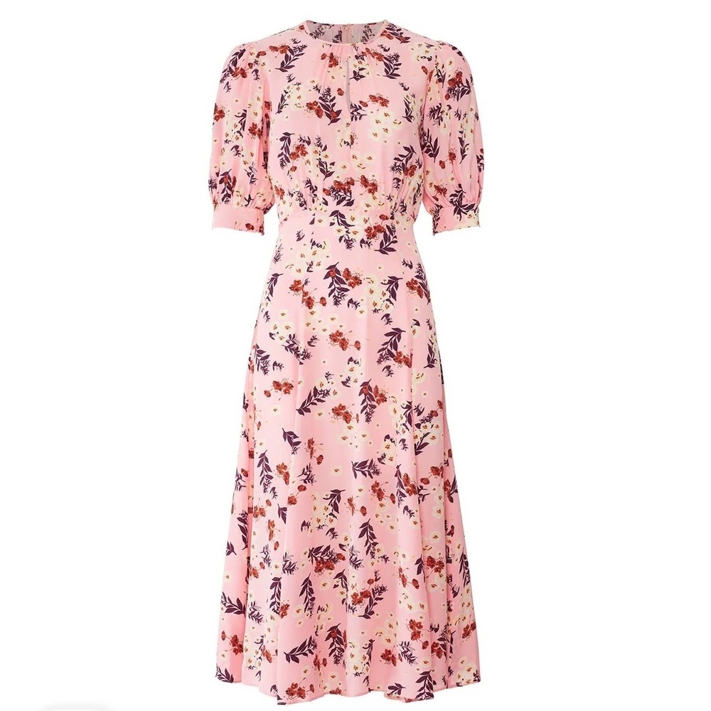 ByTiMo Pink Floral Viscose Puff Sleeve Midi Dress Womens Large Scandi Boho
